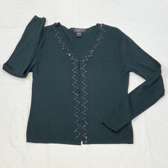 Finity Black Rib Knit Open Cardigan Sweater Long Sleeve V-Neck Button Accent L - Picture 7 of 12